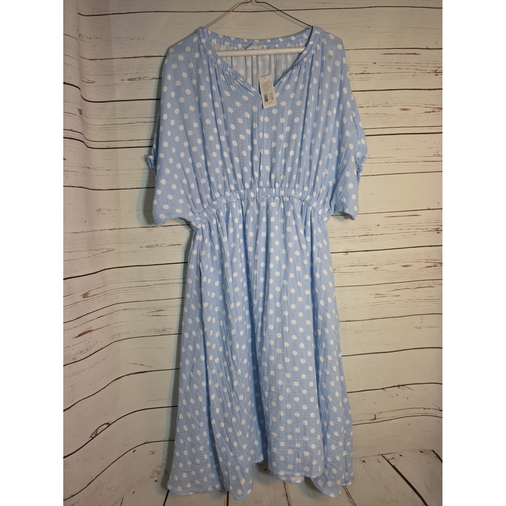 Sweet Salt Light Blue Polka Dot Cotton Gauze Midi Dress XL Elastic Waist V-Neck
